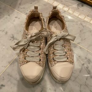 Ron White tweed, leather and ribbon sneakers. Made in Italy. Size 36/6.